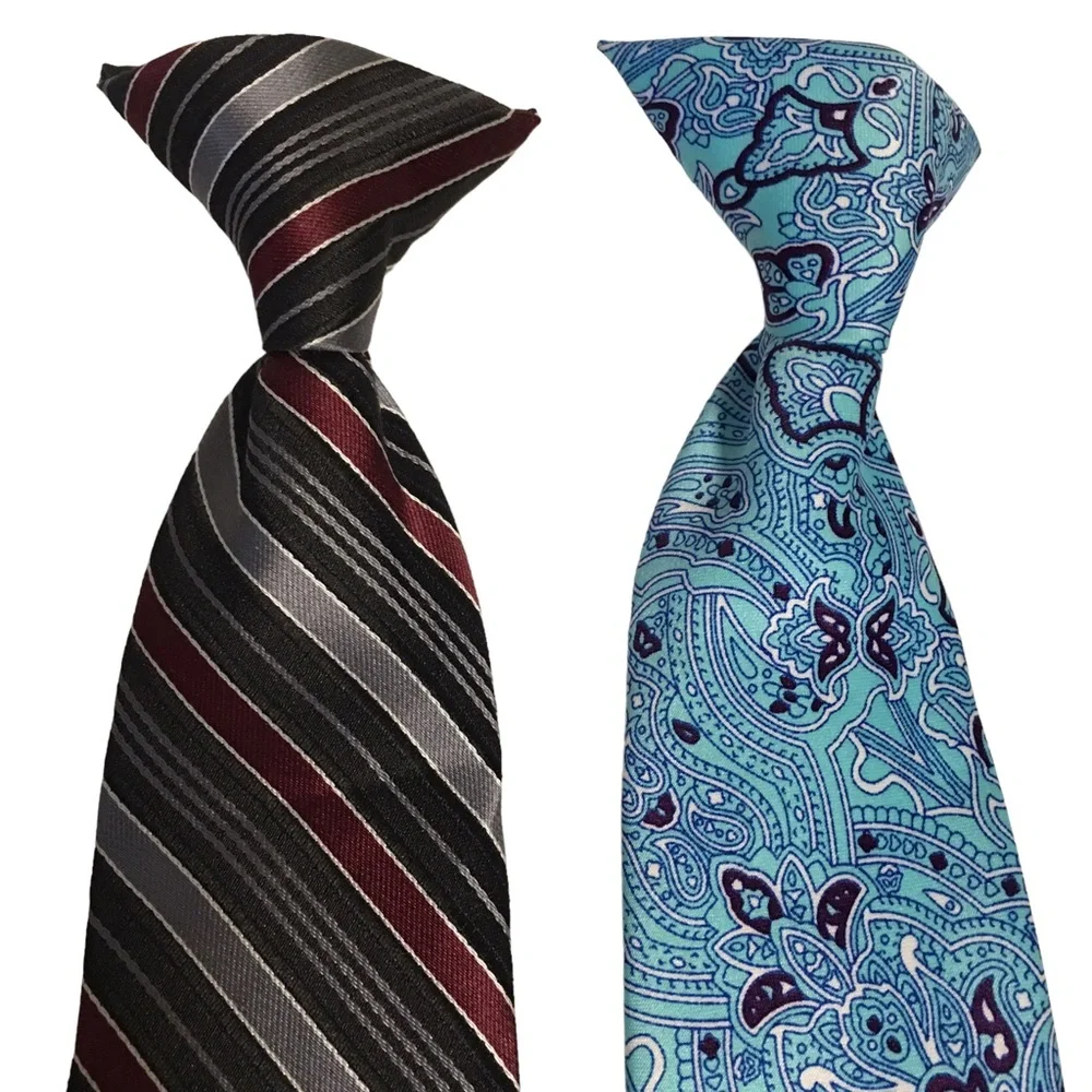 2 Boys Clip on Ties stripes & paisley gray black wine blue white EUC